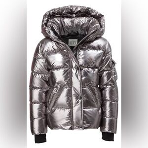 S13 Girls Silver Duck Down Warm Puffer Hooded Jacket Size 10